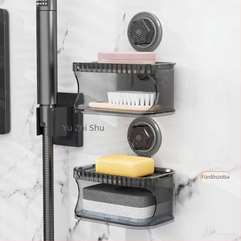 Fali szappanadagoló doboz szívókorongokkal és fedéllel, két szint, lefolyó, ABS anyagból