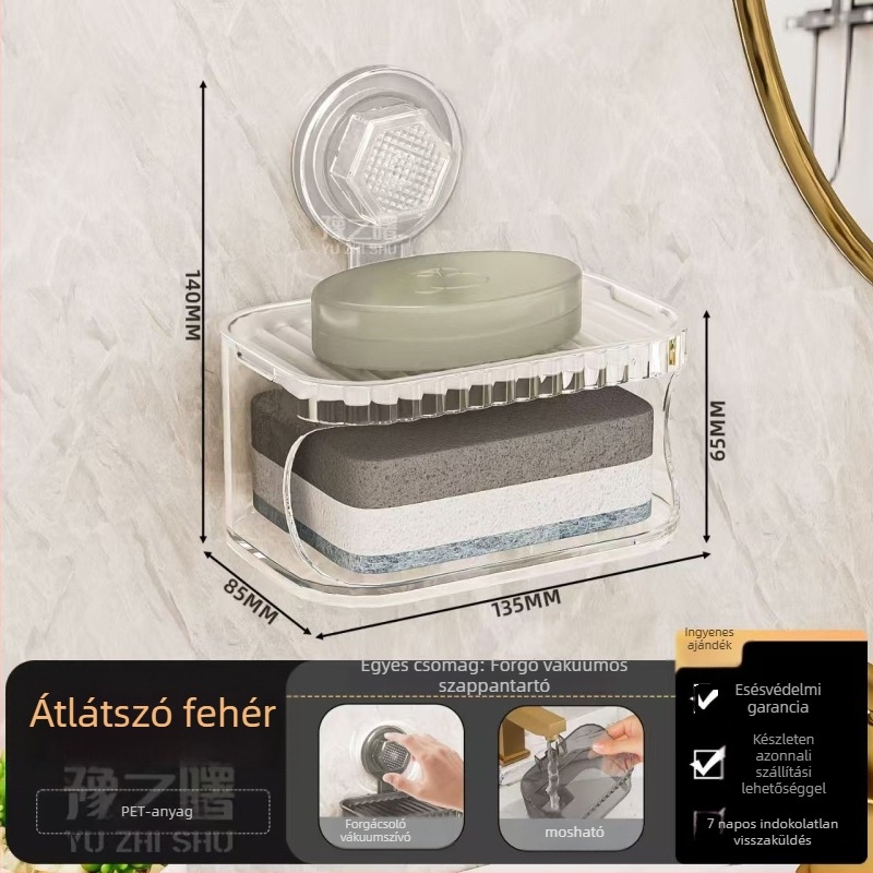 Fali szappanadagoló doboz szívókorongokkal és fedéllel, két szint, lefolyó, ABS anyagból