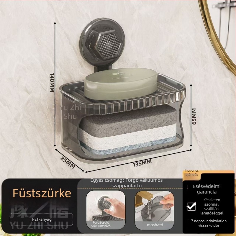 Fali szappanadagoló doboz szívókorongokkal és fedéllel, két szint, lefolyó, ABS anyagból