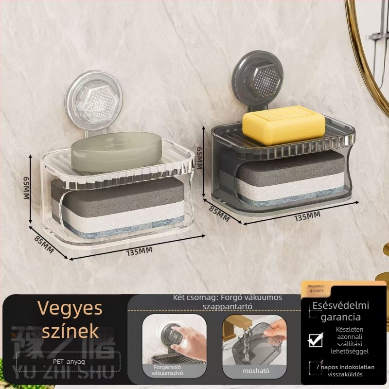 Fali szappanadagoló doboz szívókorongokkal és fedéllel, két szint, lefolyó, ABS anyagból