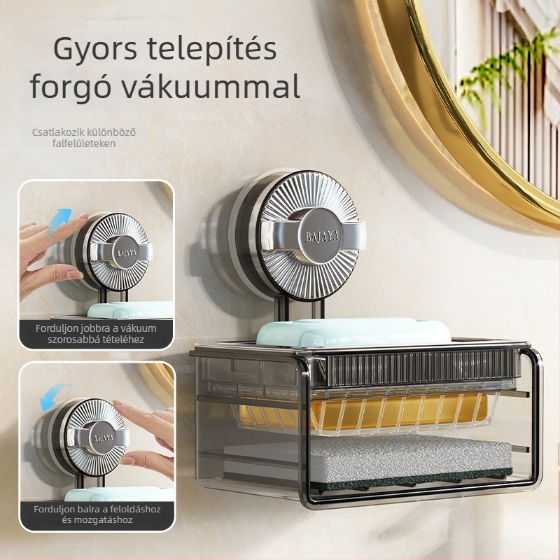 Műanyag falra szerelhető szappantartó vákuumos tapadókoronggal, dupla réteg, lefolyó rendszerrel, fürdőszobába