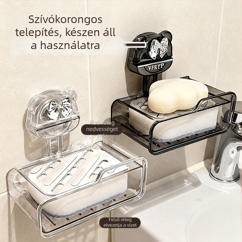 Műanyag falra szerelhető szappontartó erős vákuumos rögzítéssel, fúrás nélkül, fürdőszobai lefolyóval