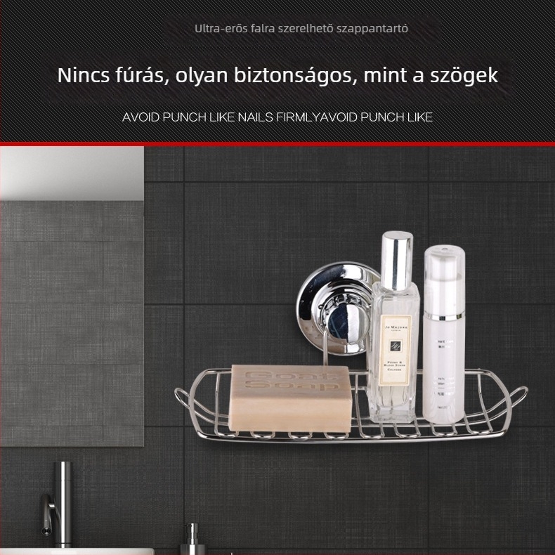 ORUNDE Rozsdamentes acél szappantartó falra szerelhető, vákuumos rögzítés, leáramló funkcióval, konyha és fürdőszoba számára, magáncímke elérhető