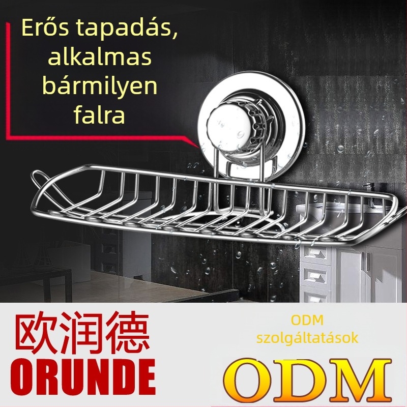 ORUNDE Rozsdamentes acél szappantartó falra szerelhető, vákuumos rögzítés, leáramló funkcióval, konyha és fürdőszoba számára, magáncímke elérhető