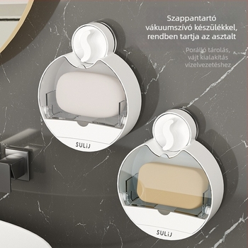 Fali szappanadagoló vákuumos tapadókoronggal és lehajtható fedéllel, műanyag, fürdőszobai lefolyó