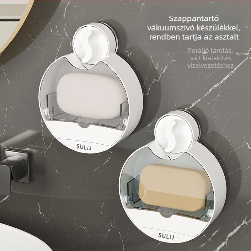 Fali szappanadagoló vákuumos tapadókoronggal és lehajtható fedéllel, műanyag, fürdőszobai lefolyó