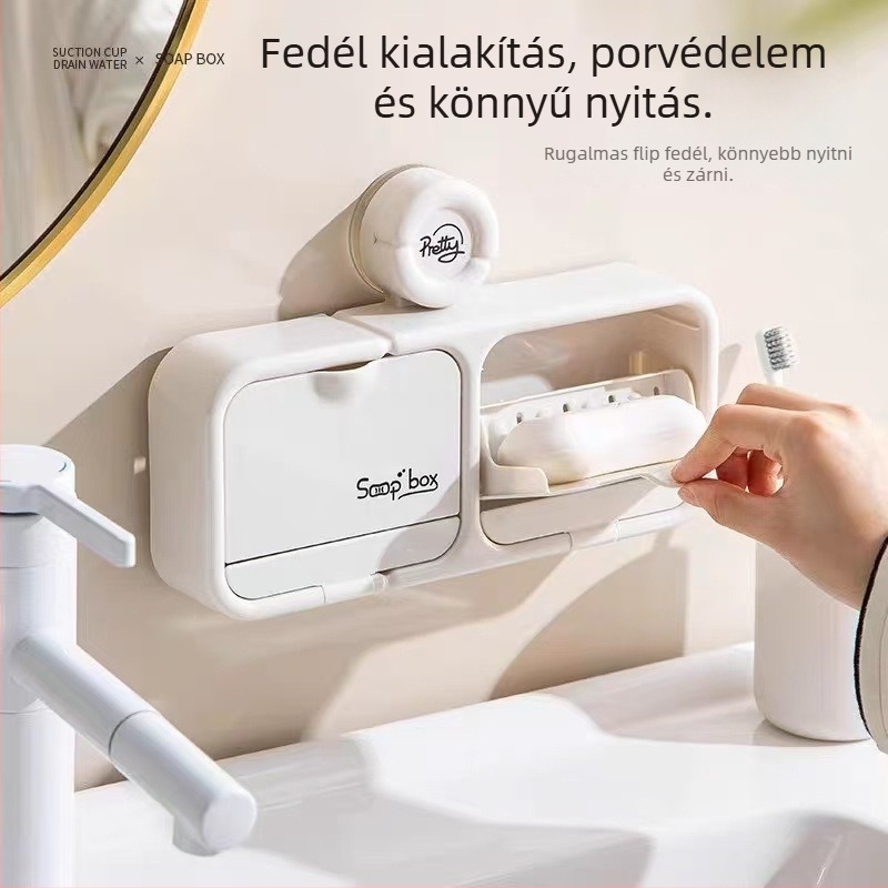 ABS anyagú szappantartó vákuumos csatlakozással és felnyitható fedéllel, falra szerelhető csepegőtálcával, modell JH-9879