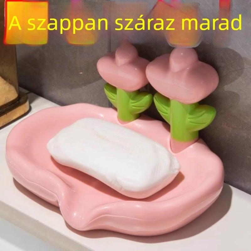 Műanyag szappan-doboz fúrás nélküli lefolyóval, virágmintás dizájnnal — mosdóhoz vagy fürdőszobához tartó tároló
