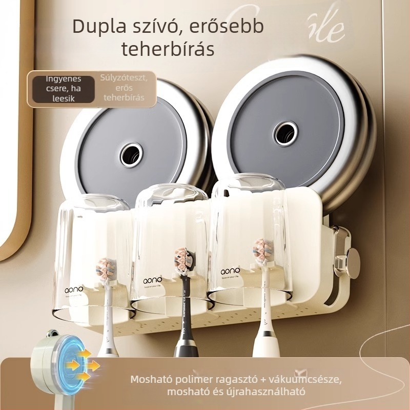 Falra szerelhető fogkefetartó szívókorongos rögzítéssel, műanyag, fúrás nélkül, nyomtatott logó