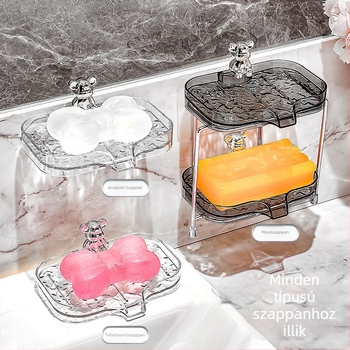 Fürdőszobai dupla szintes szappantartó, drenázs funkcióval, fedél és szívókorongokkal a mosogatóhoz