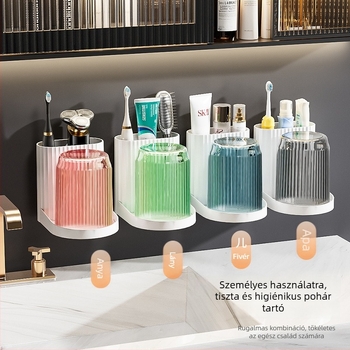 Fogkefetartó – ragasztós, falra szerelhető fürdőszobai tároló, fogkefék és öblítő pohár számára, műanyag