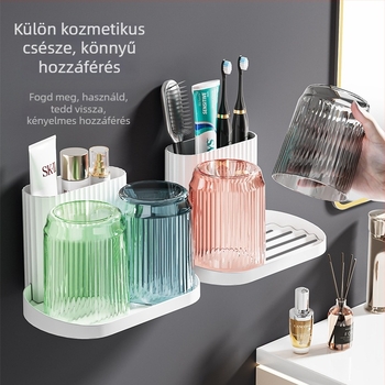 Fogkefetartó – ragasztós, falra szerelhető fürdőszobai tároló, fogkefék és öblítő pohár számára, műanyag