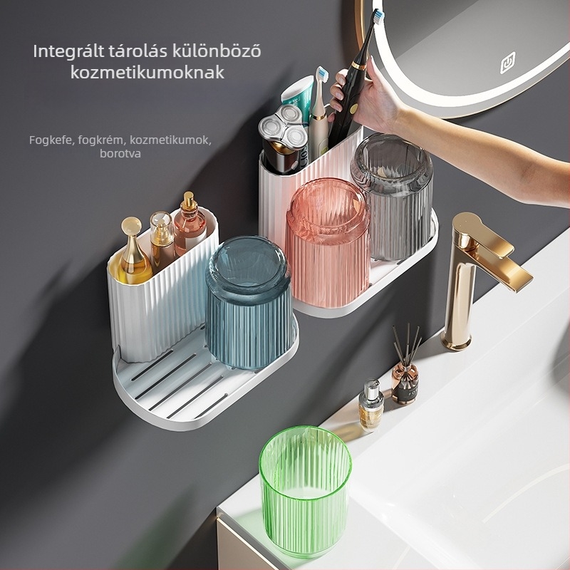 Fogkefetartó – ragasztós, falra szerelhető fürdőszobai tároló, fogkefék és öblítő pohár számára, műanyag