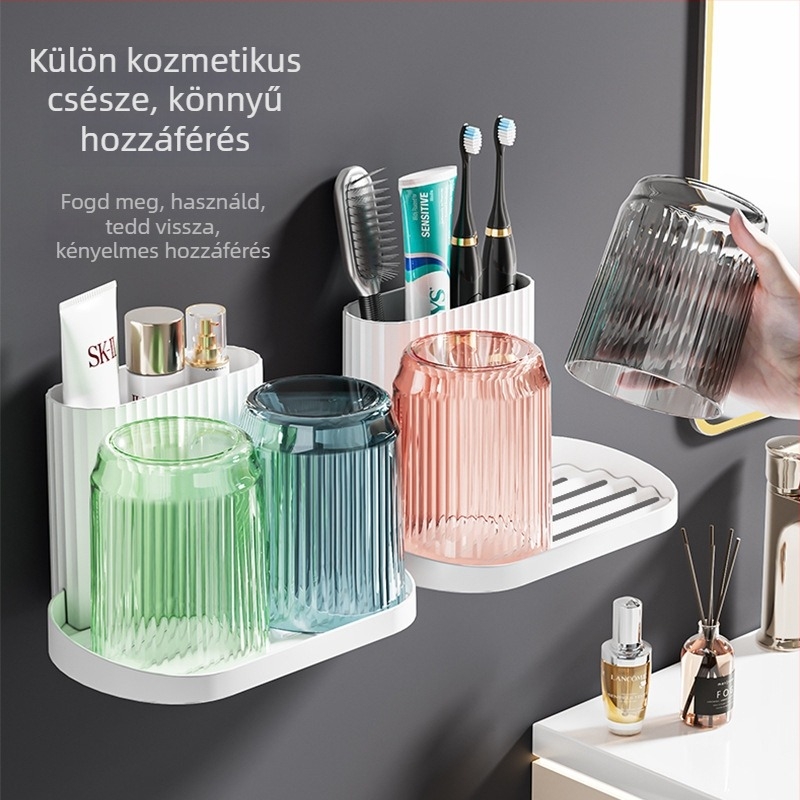 Fogkefetartó – ragasztós, falra szerelhető fürdőszobai tároló, fogkefék és öblítő pohár számára, műanyag