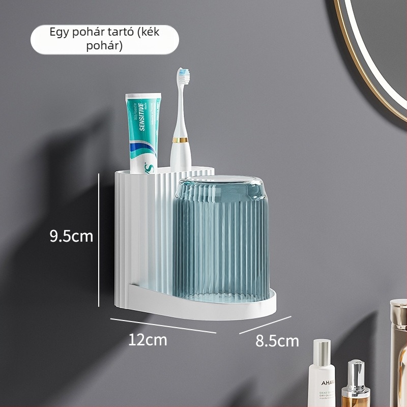 Fogkefetartó – ragasztós, falra szerelhető fürdőszobai tároló, fogkefék és öblítő pohár számára, műanyag