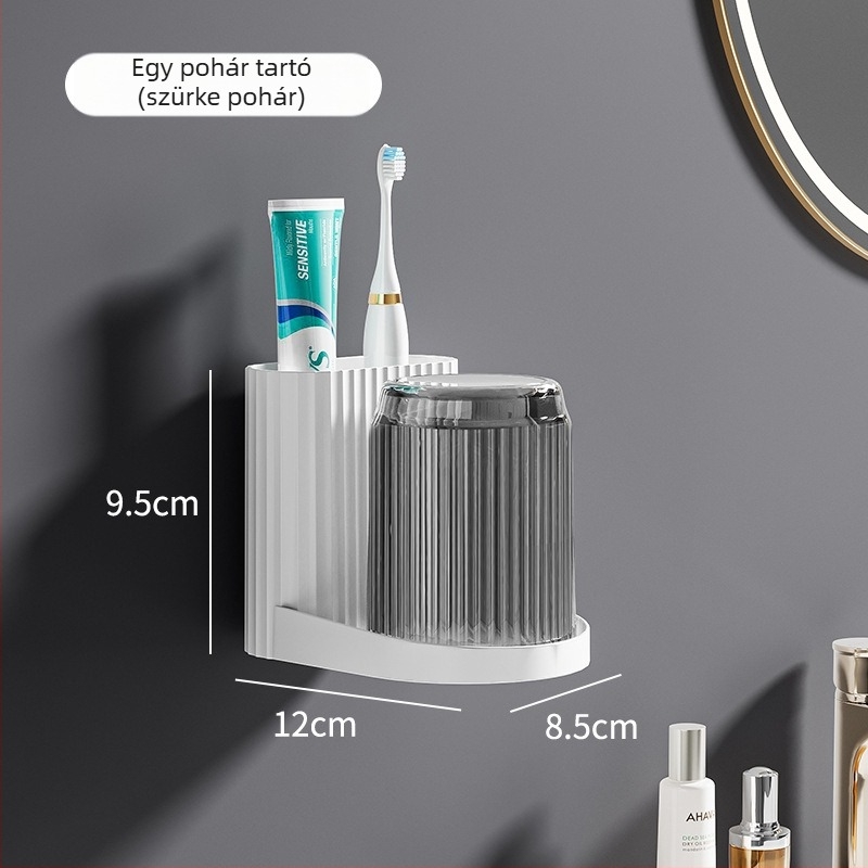 Fogkefetartó – ragasztós, falra szerelhető fürdőszobai tároló, fogkefék és öblítő pohár számára, műanyag