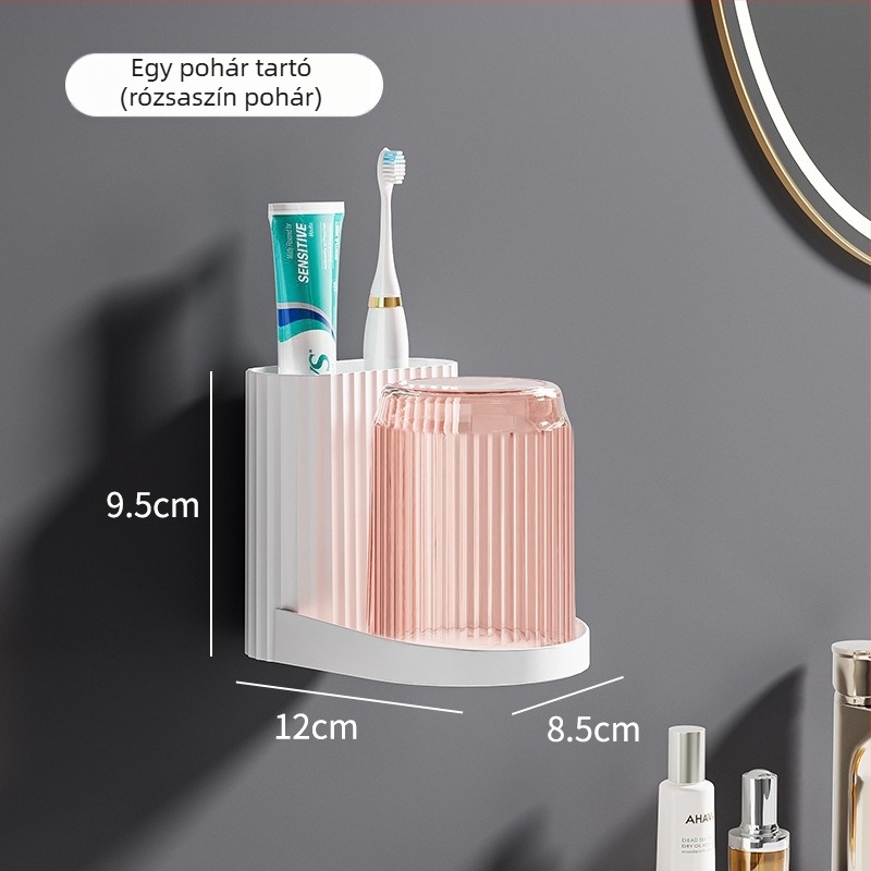 Fogkefetartó – ragasztós, falra szerelhető fürdőszobai tároló, fogkefék és öblítő pohár számára, műanyag