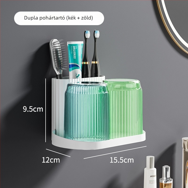 Fogkefetartó – ragasztós, falra szerelhető fürdőszobai tároló, fogkefék és öblítő pohár számára, műanyag