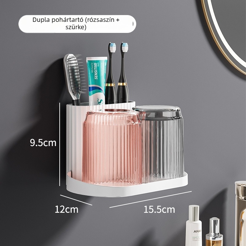 Fogkefetartó – ragasztós, falra szerelhető fürdőszobai tároló, fogkefék és öblítő pohár számára, műanyag