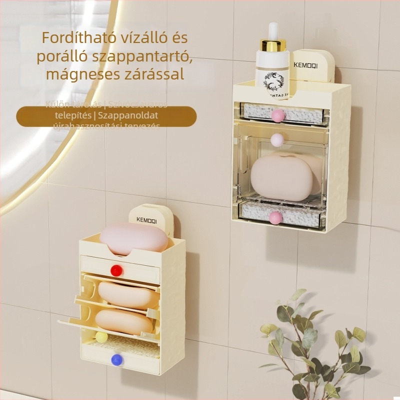 Szappantartó polc szívócsészével, falra szerelhető, többszintes, vízelvezető — ABS anyag, Komochi