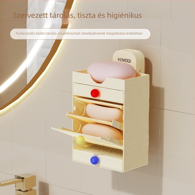 Szappantartó polc szívócsészével, falra szerelhető, többszintes, vízelvezető — ABS anyag, Komochi