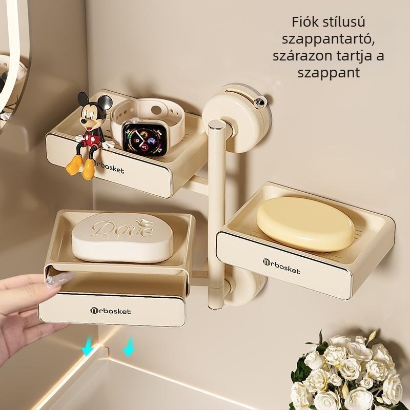 Szappontartó szívókorongokkal, falra szerelhető, forgó, fúrás nélkül, fedéllel