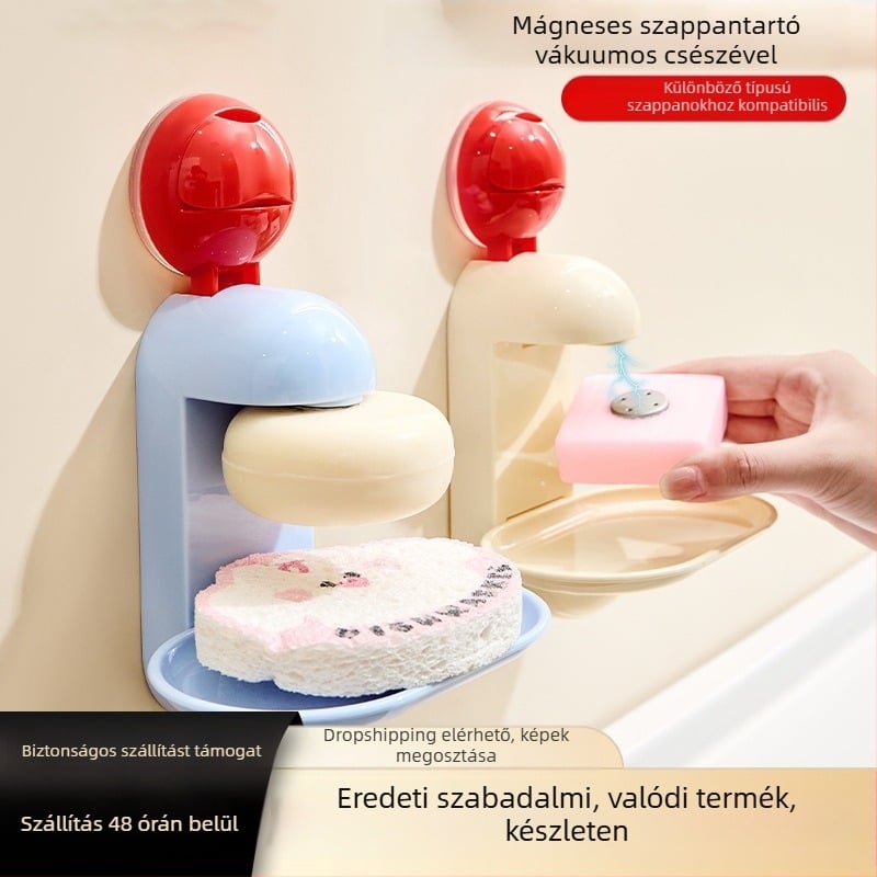 PET anyagú falra szerelhető szappantartó vákuumos rögzítéssel, csepegtető tálcával és szivacs-tárolóval