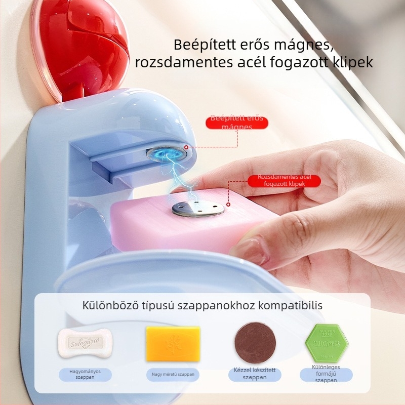 PET anyagú falra szerelhető szappantartó vákuumos rögzítéssel, csepegtető tálcával és szivacs-tárolóval