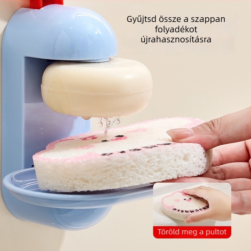 PET anyagú falra szerelhető szappantartó vákuumos rögzítéssel, csepegtető tálcával és szivacs-tárolóval