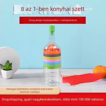 Nyolc az egyben konyhai eszköz készlet borosüveg formájú: zöldségvágó, gyümölcs- és zöldségszeparátor, tojásfehérje szeparátor; PP anyag