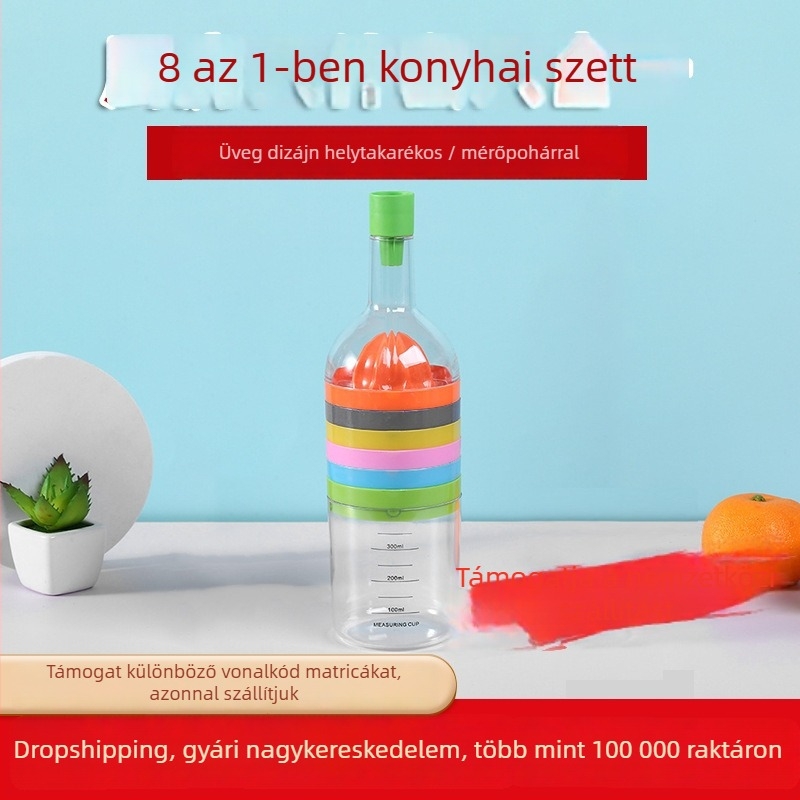 Nyolc az egyben konyhai eszköz készlet borosüveg formájú: zöldségvágó, gyümölcs- és zöldségszeparátor, tojásfehérje szeparátor; PP anyag