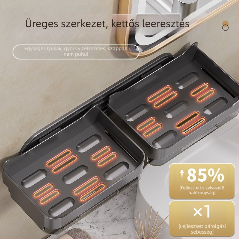 Fürdőszobai dupla szintes szappanadagoló falra szerelve, fúrás nélkül, lefolyó dobozzal