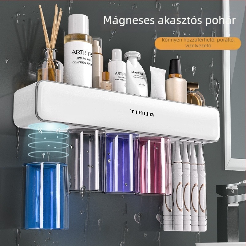 Fali fogkefetartó, lyukmentes kivitel, fogkrém adagolóval, műanyagból