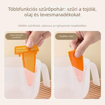 Kézi rizsöblítő szűrő tojáselválasztóval, mérőedény és graduált tál — modern minimalista konyhai eszköz