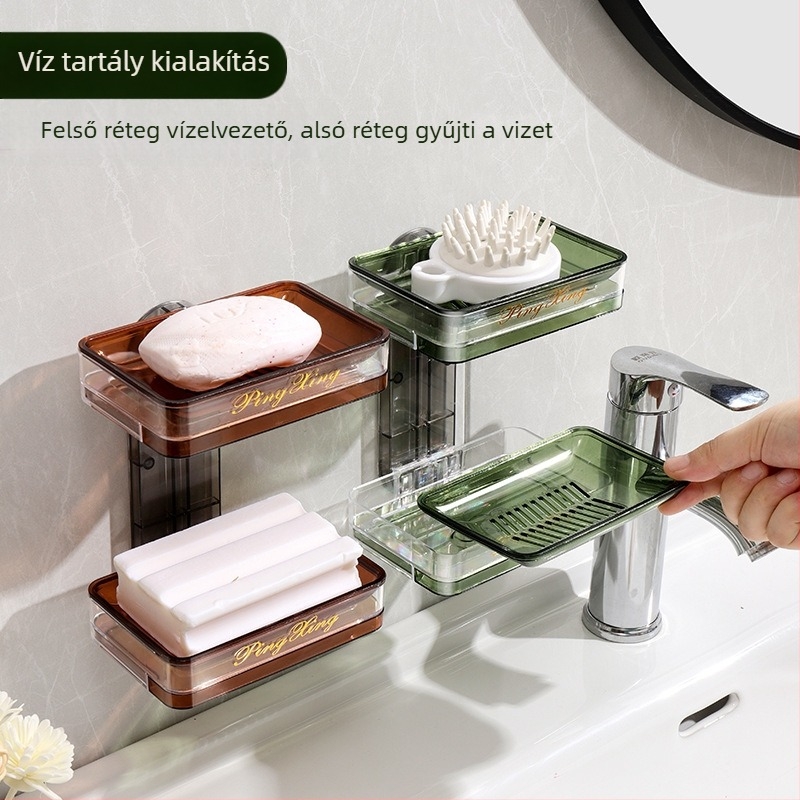 Falra szerelhető szappantartó szívókoronggal, kétszintes és fedéllel