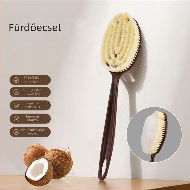Kókuszrostos fürdőecset, disznó szőrzet imitáció, tenyér-íves ergonomikus kialakítás, 2-az-1-ben száraz és nedves használathoz, hosszú nyele