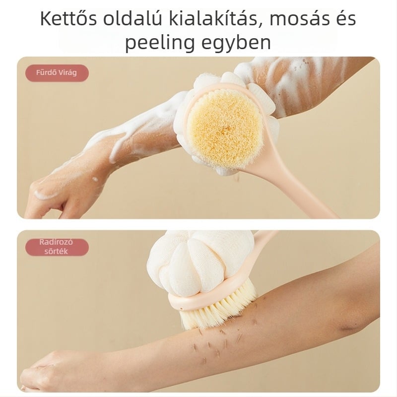 Hosszú nyelű, kétoldalas fürdőecset, puha sörtéjű, hát masszírozó, műanyag kivitel, univerzális használathoz