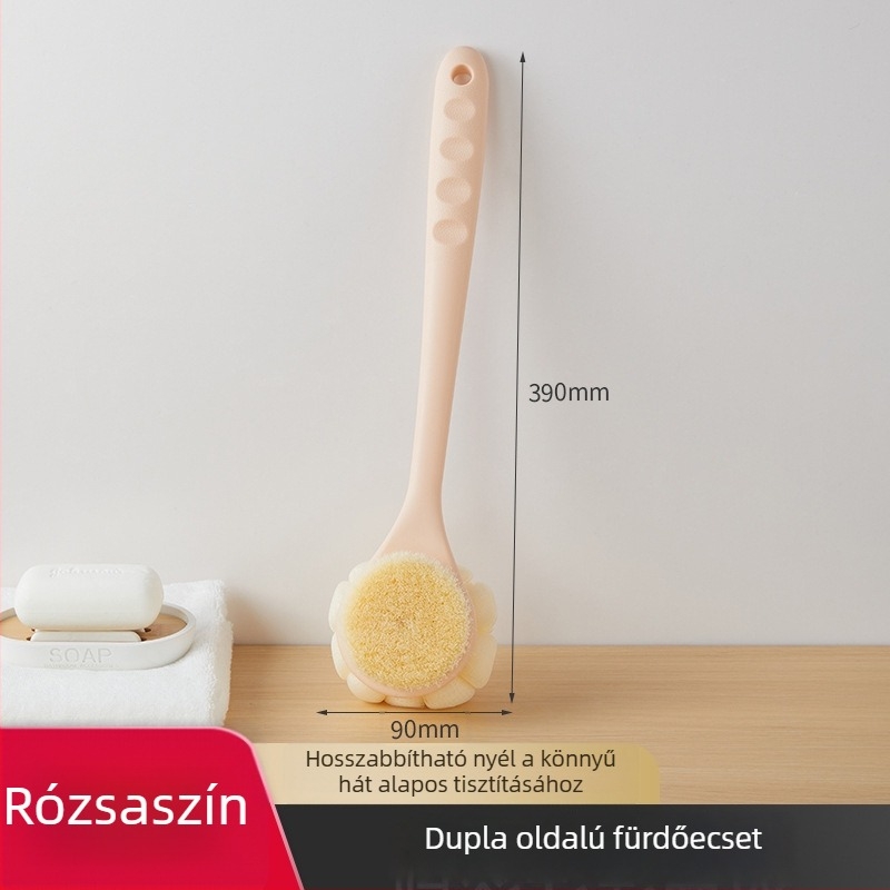 Hosszú nyelű, kétoldalas fürdőecset, puha sörtéjű, hát masszírozó, műanyag kivitel, univerzális használathoz