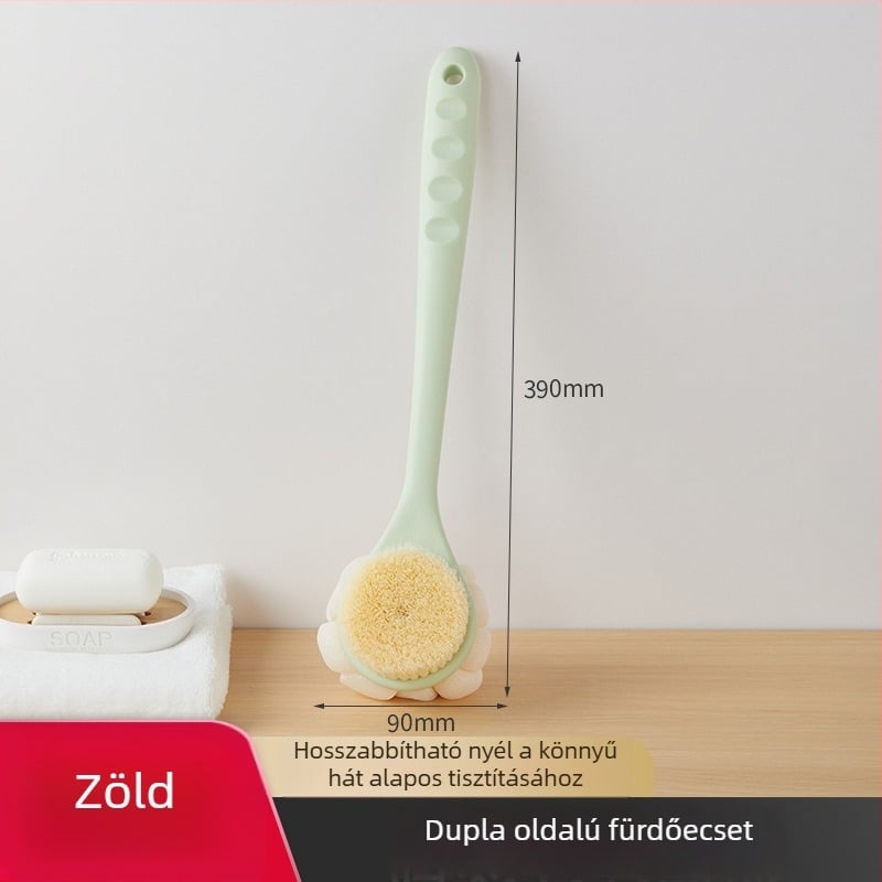 Hosszú nyelű, kétoldalas fürdőecset, puha sörtéjű, hát masszírozó, műanyag kivitel, univerzális használathoz