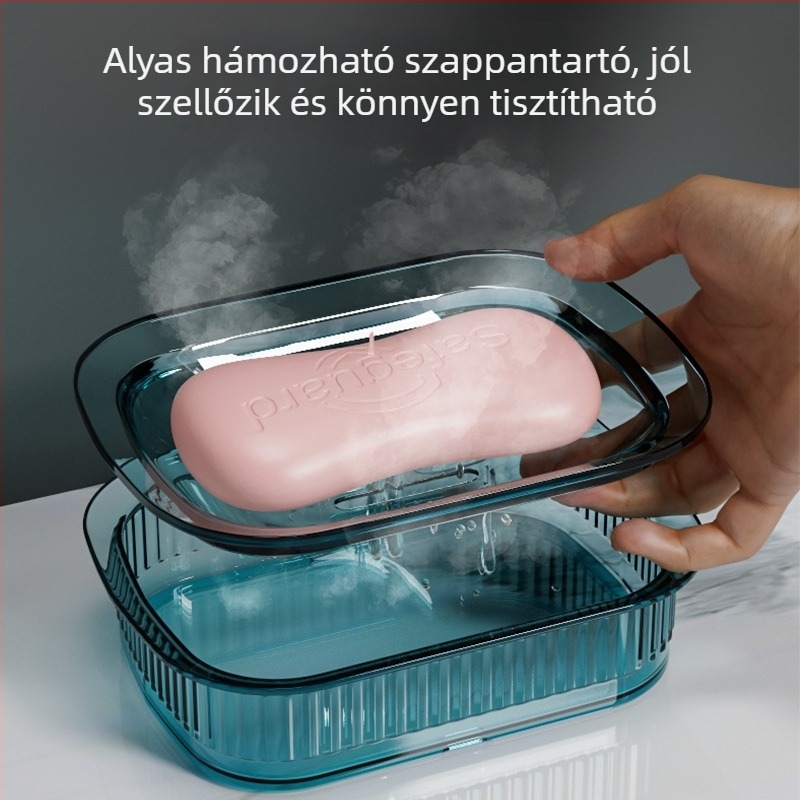 Kétszintes PP szappontartó fürdőszobához – lefolyó funkcióval, fedél nélküli, vákuumcsat nélküli