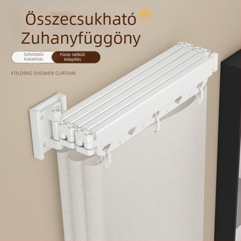 Lyuk nélküli összecsukható zuhanyfüggöny rúd, fürdőszobai válaszfal, vízálló és penészálló, kihúzható szárítórendszer, poliészter