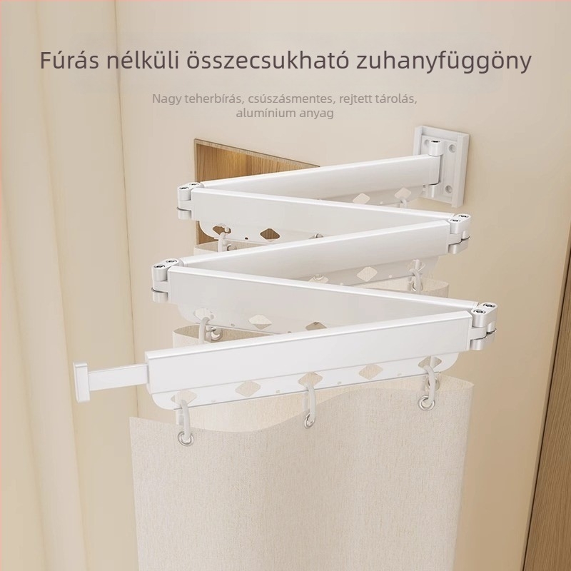 Lyuk nélküli összecsukható zuhanyfüggöny rúd, fürdőszobai válaszfal, vízálló és penészálló, kihúzható szárítórendszer, poliészter