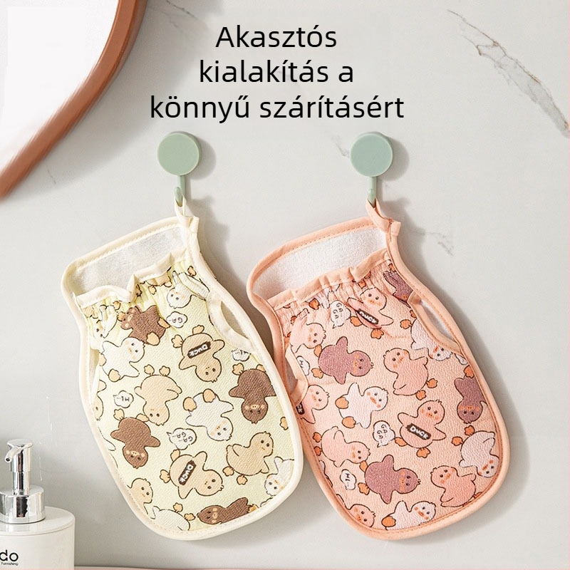 Exfoláló fürdőkesztyű kacsa motívummal, vastagított hátkefés tisztítás, viszkóz anyag