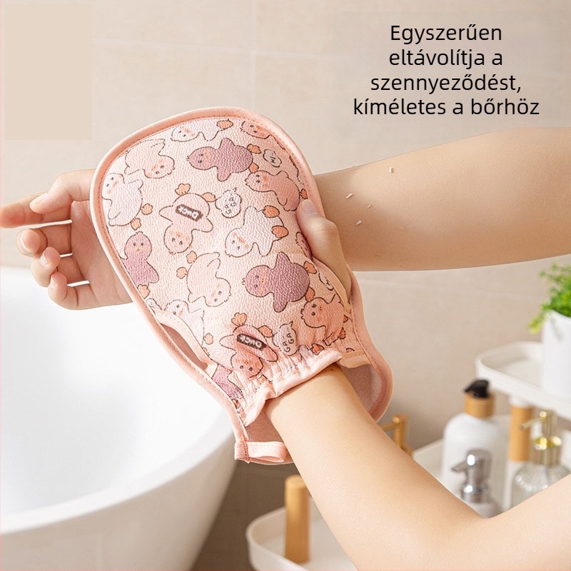 Exfoláló fürdőkesztyű kacsa motívummal, vastagított hátkefés tisztítás, viszkóz anyag