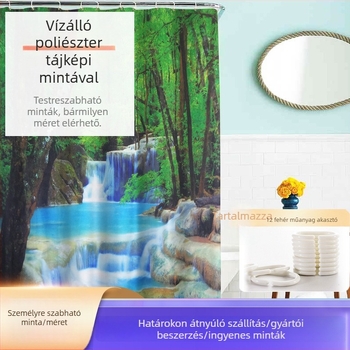 Zuhanyfüggöny digitális nyomtatással tájképi vízeséssel, poliészter anyag, új kínai stílus, testreszabható.