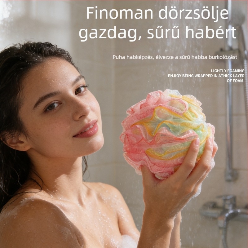 Nagy méretű négy színű fürdőgolyó habzó luffával és peeling törölközővel, nagyon puha és tartós