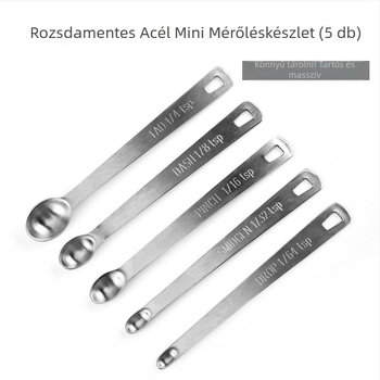 öt darabos rozsdamentes acél mérőkanál készlet konyhához és sütéshez – modern minimalista dizájn