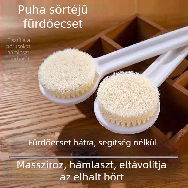Hosszú nyelű fürdőecset nylon szálakkal és hámlasztó törölközővel