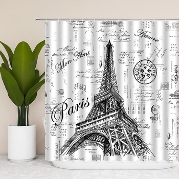 Zuhanyfüggöny Eiffel-torony dizájnnal, retro kézzel festett postai bélyeg, poliészter, modern minimalista stílus, rajz alapján testre szabható, logó nyomtatás elérhető
