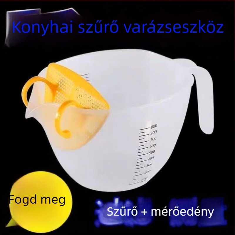 Gradált mérőkanállal ellátott szűrőedény, keverőtál, tojásfolyadék szűrő, tejszín felveréséhez és sütéshez szűrőkanál, PP anyag, minimalist stílus